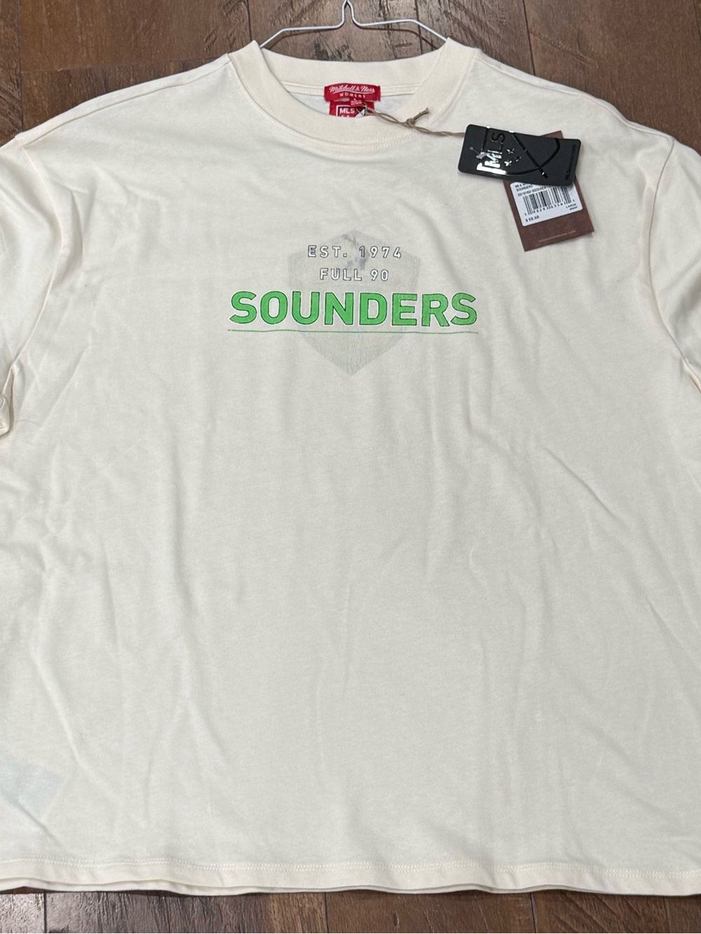 Mitchell & Ness Cream Short Sleeve Tee with Green Sounders Logo